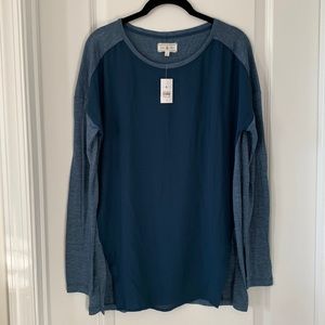 NWT LOU & GREY Mixed Materials Drop Shoulder Long Sleeves Sheer Tunic Top Size S